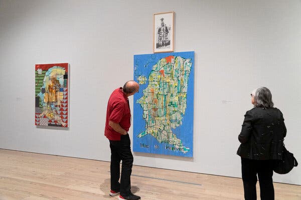 The artist tweaks American maps by painting and collaging over them, and turns them on their side.